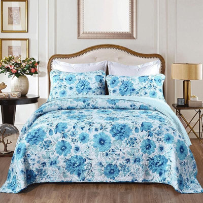 Ensemble de courtepointe réversible en coton certifié hypoallergénique bleu / blanc 3 pièces