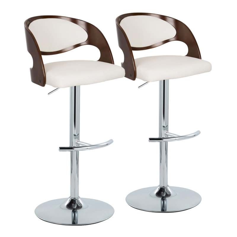 Tabouret de bar réglable Phoebe avec repose-pieds arrondi en forme de T (paquet de 2), Blanc, Chrome / acajou