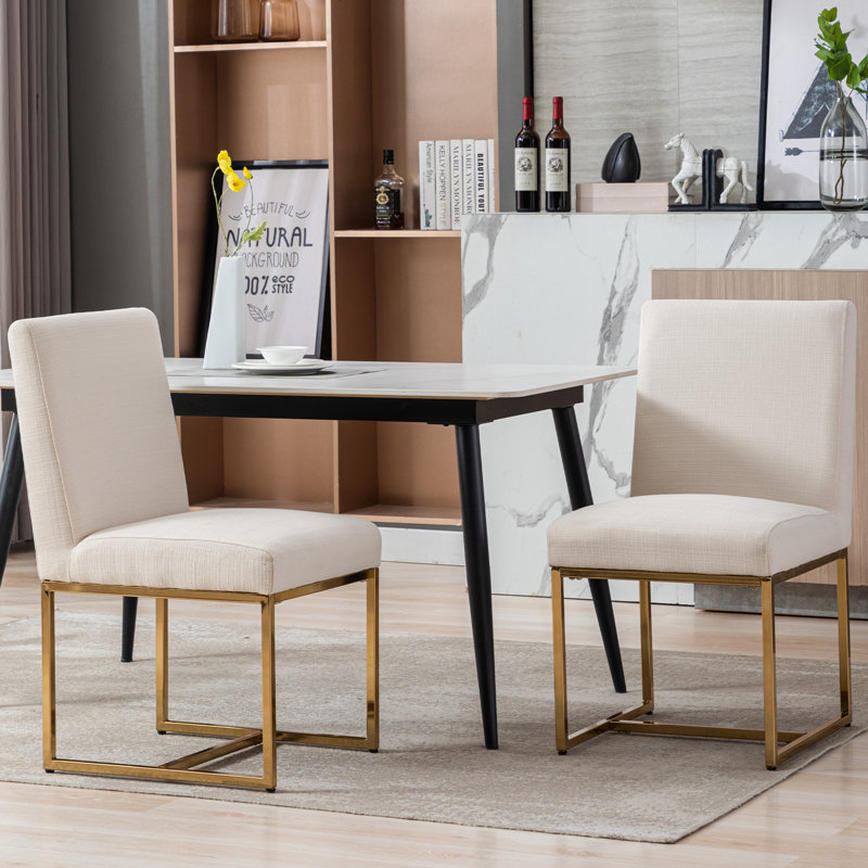 Nezih Linen Upholstered Dining Chairs Mid Century Modern Side Chairs, Gold, Cream