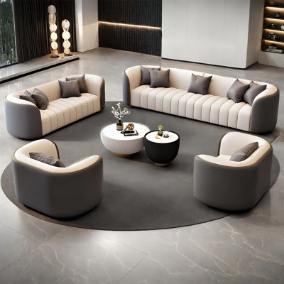 Modern Gray Faux Leather Living Room Sofa Coffee Table Set by Orren Ellis