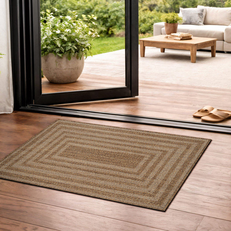 Geometric Sand/Natural Easy-Care Jute-Style Indoor/Outdoor Flat Woven Area Rug, Sand, Rectangle 5' x 7'