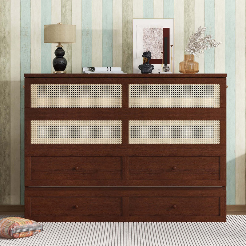 Lit escamotable, armoire en bois de pin avec décoration en rotin et tiroir de rangement pour une utilisation efficace de l'espace
