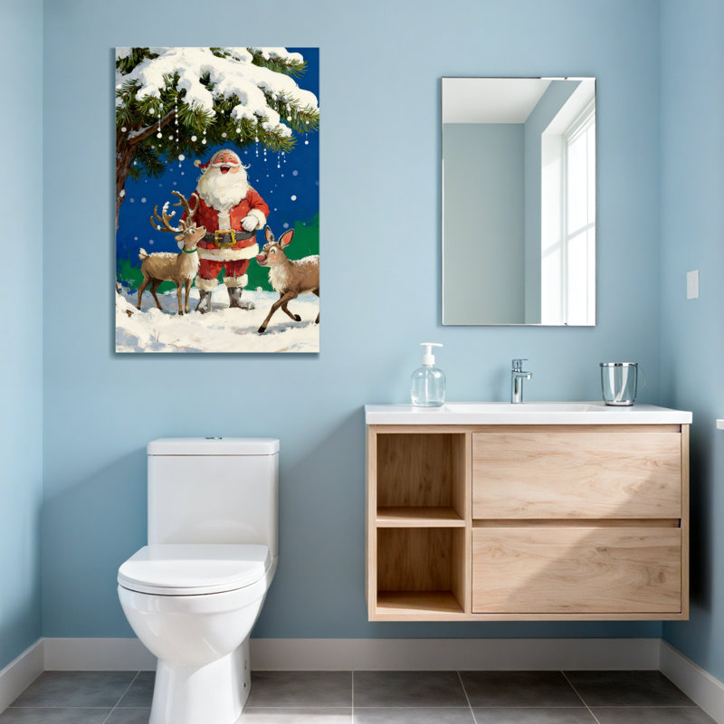 Noël père Noël avec renne dans la forêt enneigée, H 36 po x l 24 po