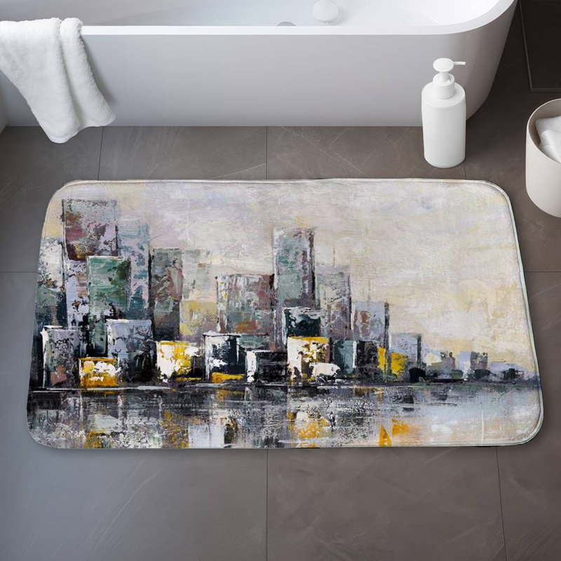 Abstract cityscape in the morning Bath Mat with Non-Slip Backing - Quick Dry Memory Foam Bathroom Rug - Absorbent - Modern Plush Spa-Style - Machine Washable