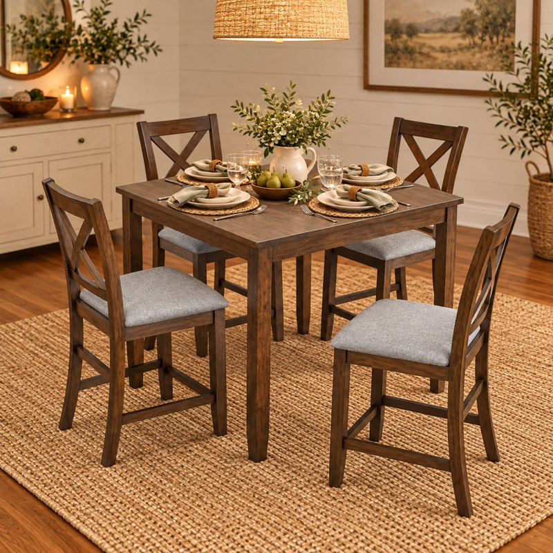 Ensemble de table de salle à manger en bois 5 pièces, ensemble de table de cuisine avec table rectangulaire et 4 chaises rembourrées