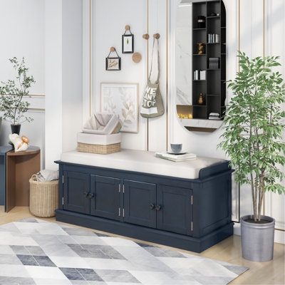 Versatile 4-Door Storage Bench with Adjustable Shelves & Removable Cushion – Entryway Shoe Bench, Hallway Organizer for Living Room