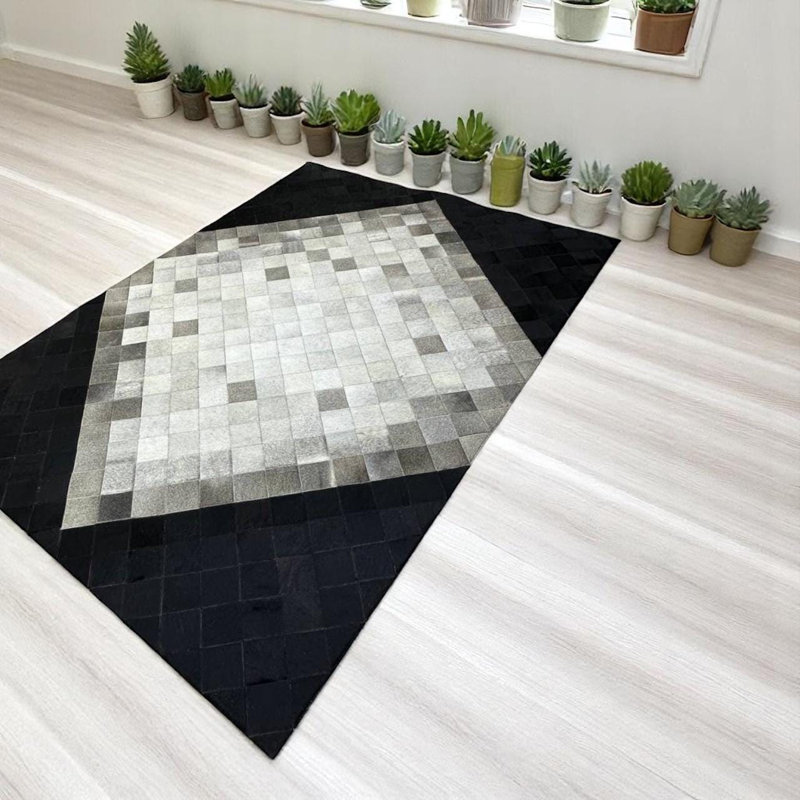 Tapis gris, tapis patchwork en peau de vache véritable 3 pi x 5 pi, Rectangulaire 3 pi x 5 pi
