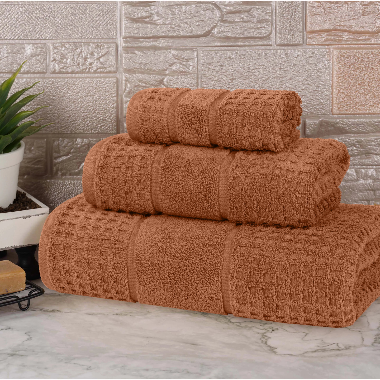 Hisela 3-Piece Waffle Cotton Towel Set, Rust, 3 Piece Towel Set