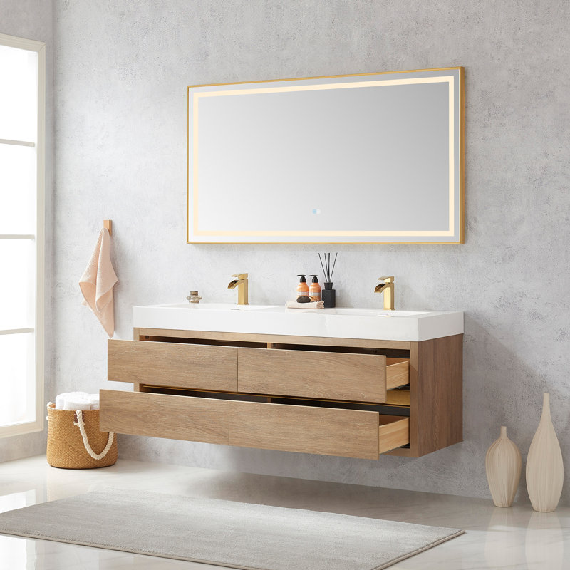Vali 59.8'' Double Bathroom Vanity with Composite Top with Mirror, White