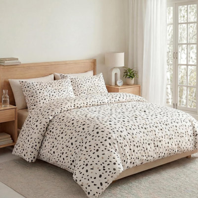 100% Cotton Duvet Cover Queen Size, Pink and Brown Dalmatian Spotted Bedding Set with Zipper Closure, Modern Irregular Speckled Comforter Cover with 2 Pillowcases for All Seasons