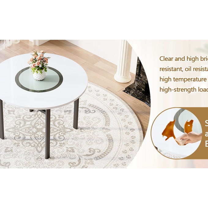 Table de salle à manger ronde de 42 po avec plateau en panneau de fibres à densité moyenne blanc et incrustation de verre gris pour 4 à 6 personnes