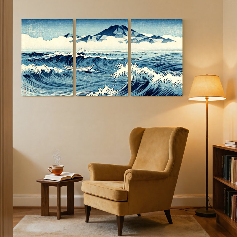 «Ocean Waves Boat Mountains Sky Reflection», ensemble de 3 reproductions d'art sur toile, H 18 po x l 36 po