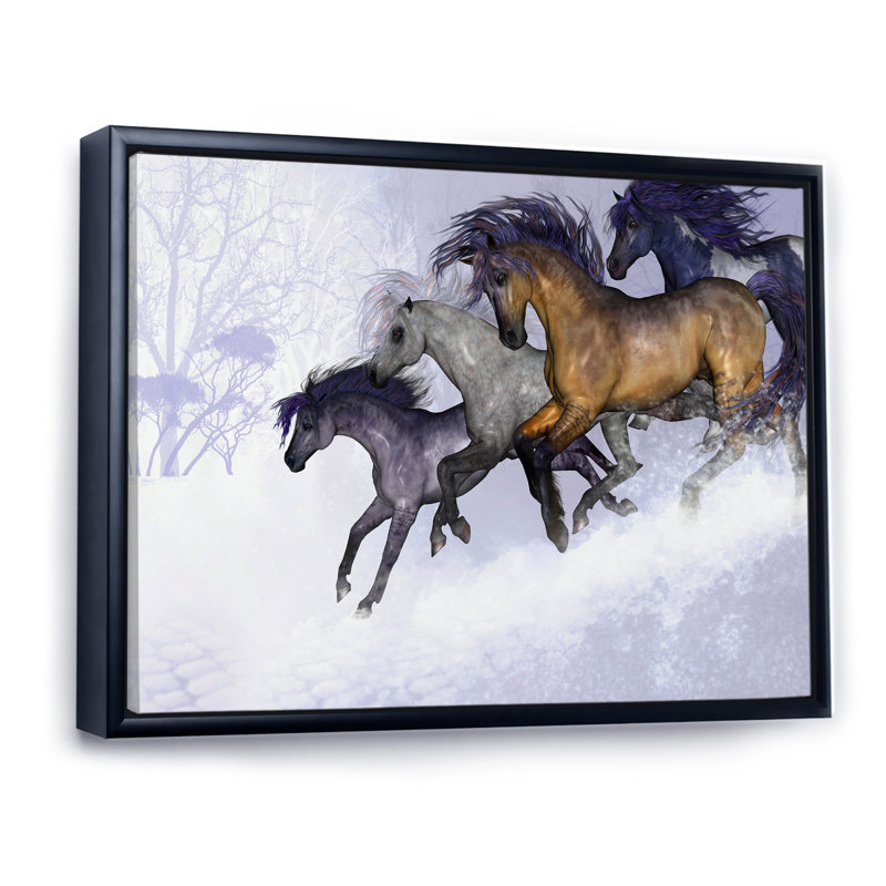 «Galpping Horses In The Winter», reproduction sur toile, H 34 po x l 44 po x P 1,5 po, Cadre flottant noir
