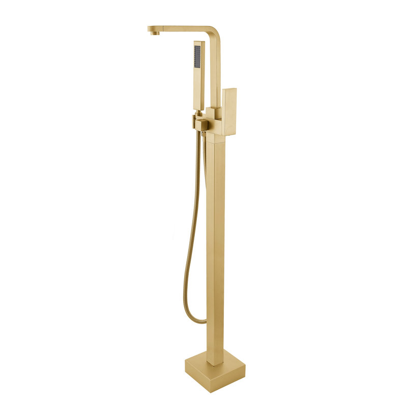 Topcraft Floor Mounted Bathtub Filler With Handheld Showerhead, Brushed Brass