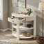 Console demi-lune cannelée TREXM avec tiroir et 2 tablettes, table d'appoint pour entrée ou couloir, crème