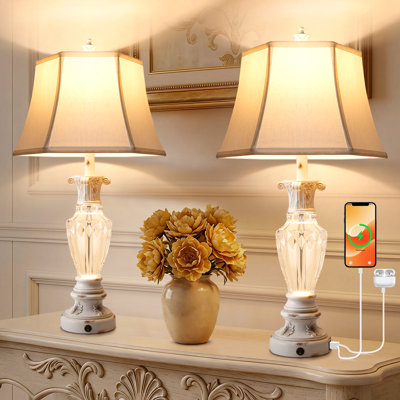 Ensemble de 2 lampes de table de ferme 28,5 "avec ports USB, base de température de couleur et veilleuse à 3 voies, lampes de chevet en résine blanche