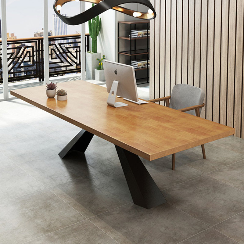 Brown+Black Rectangular Solid Wood+Iron desks, 29.53" H x 70.87" W x 31.50" D