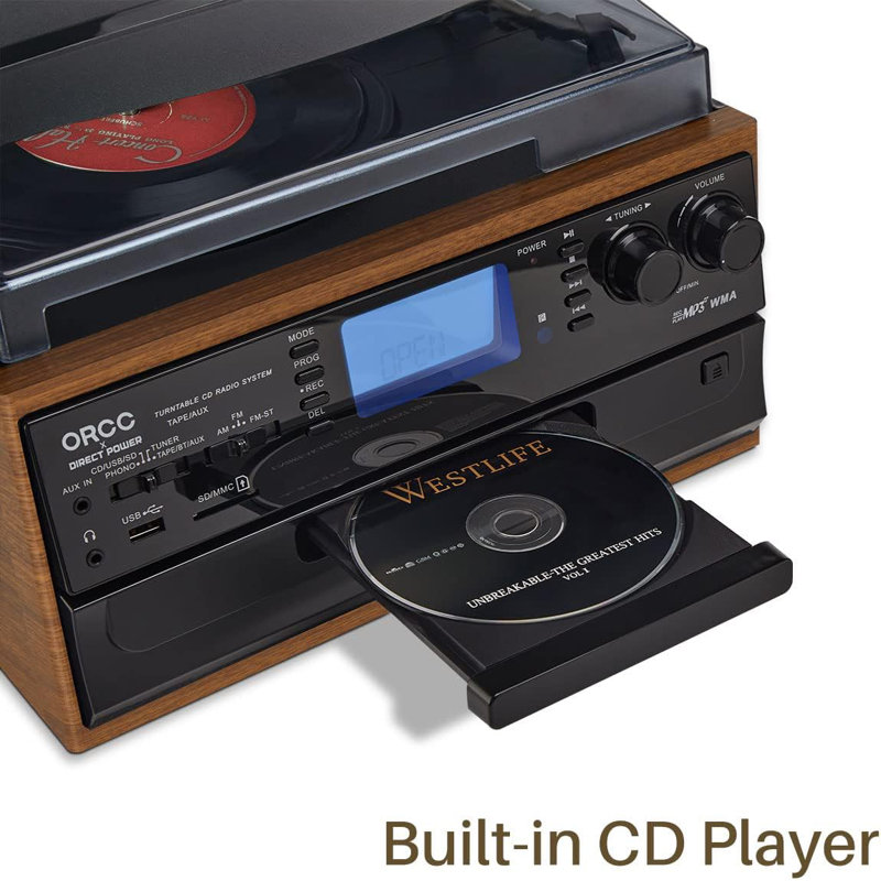 ORCC 10-in-1 Record Player, CD/USB/SD Play & Record, Bluetooth & Remote Control, FM/AM Radio, Brown