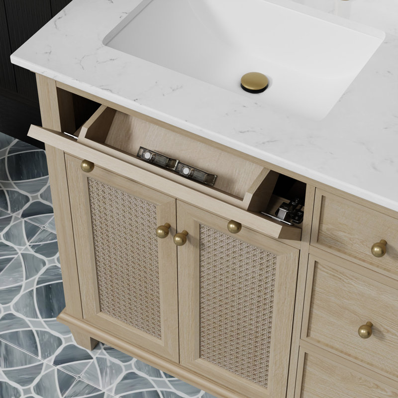 Meuble-lavabo simple 36 po avec plateau en quartz de Carrare blanc Ronnie, pré-assemblé