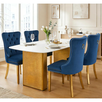 Modern 55" Tempered Glass Dining Table Set for 4, Rectangle Kitchen Table with Velvet Dining Chairs, Marble-Patterned Design with Dual-Pedestal Metal Base Dining Room Table with Chair Set for Kitchen Dining