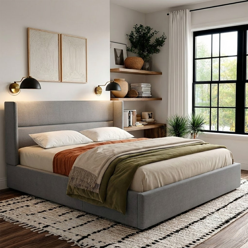 Lit plateforme tapissier avec rangement Gaillarde, Gris olive clair, Très grand