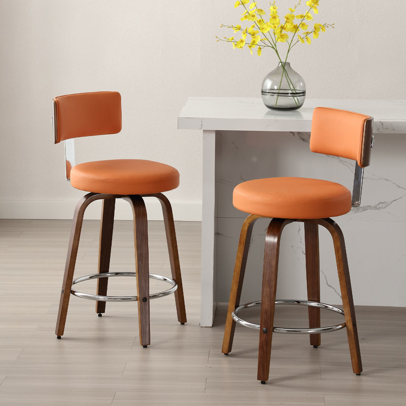 Sonja Swivel Upholstered Counter Stool, Counter Stool (26" Seat Height), Orange Seat/ Brown Frame