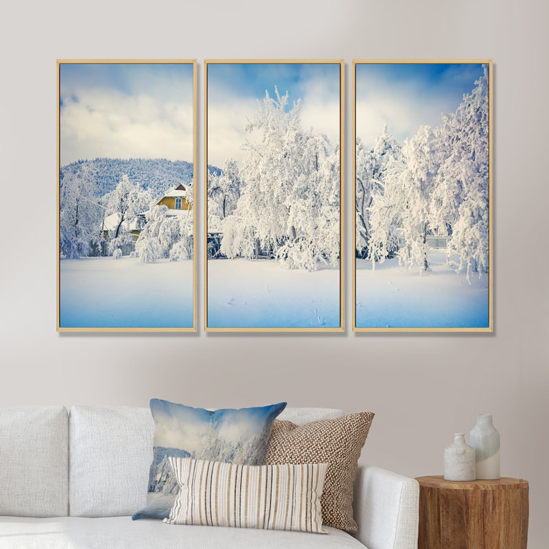 " White Winter Mountain Landscape " 3 - Pieces, 36" W x 20" H, Brown Framed