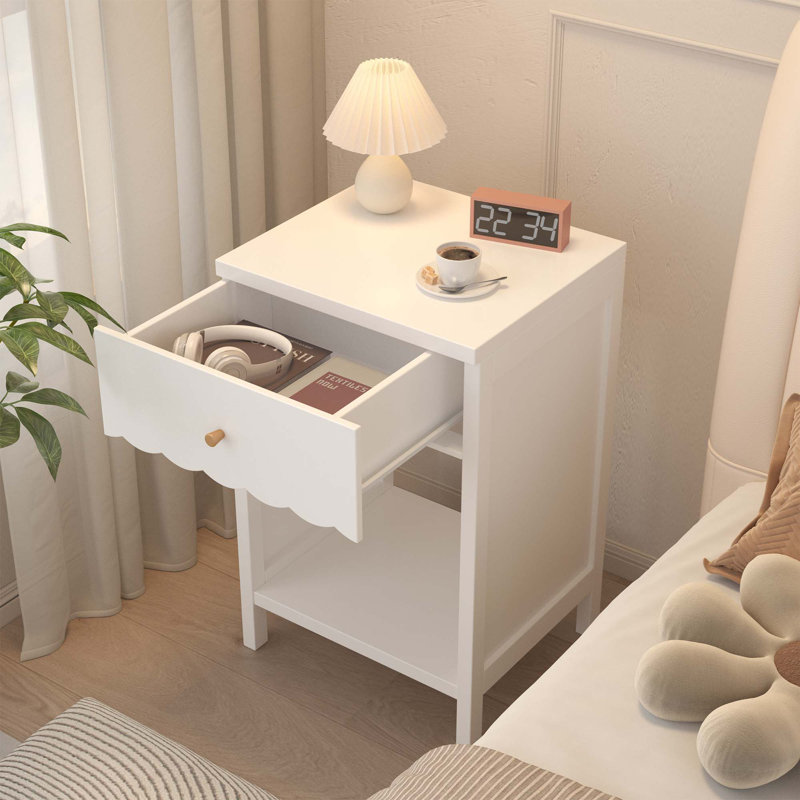 Modern White Nightstand With Drawer And Open Shelf,Scalloped Edge Bedside Table For Bedroom