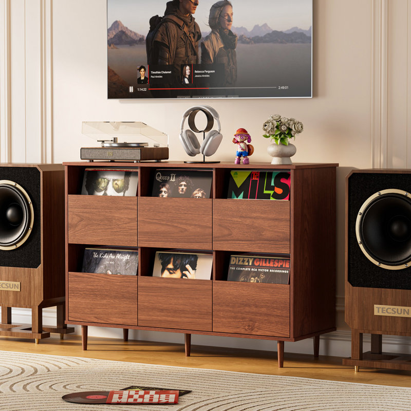 Mid-Century Record Player Stand with Vinyl Storage, Large Media Cabinet with Drawers for Living Room