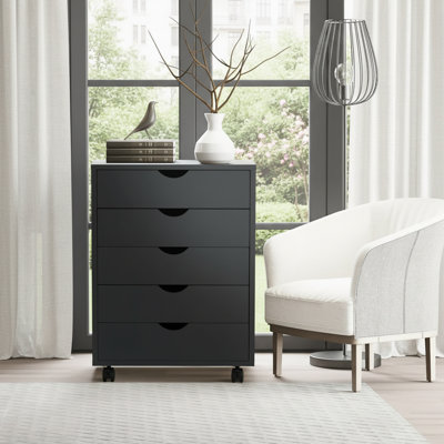 Classeur à cinq tiroirs avec roulettes, unité de rangement noire sous le bureau, idéal pour les bureaux à domicile.