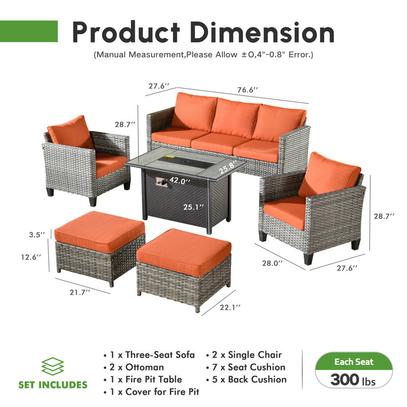 Allcot 5 - Person Wicker/Rattan Patio Furniture Set, Outdoor Fire Pit Sofa Set with Throw Pillows and Comfy Cushions, Orange