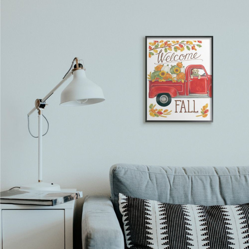 «Welcome Fall Expression Autumn Red Truck Dog» par Deb Strain - impression d'art graphique, Giclée encadrée noir minuit