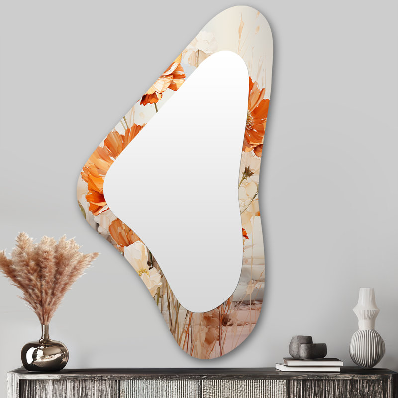 Orange et beige Fiery Blooms 1 - miroir mural décoratif de forme unique souci, miroir asymétrique traditionnel, impression d'art en métal
