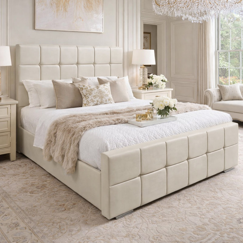 Upholstered Velvet Bed, Super King (6'), Cream