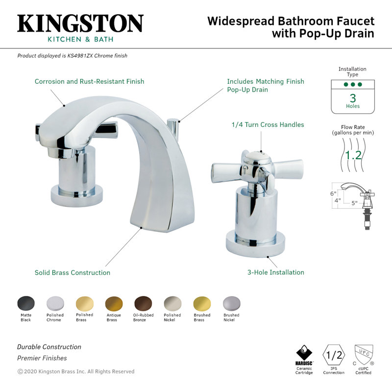 Kingston Brass Millennium Two-Handle 3-Hole Deck Mount Widespread Bathroom Faucet with Brass Pop-Up Drain, Polished Chrome