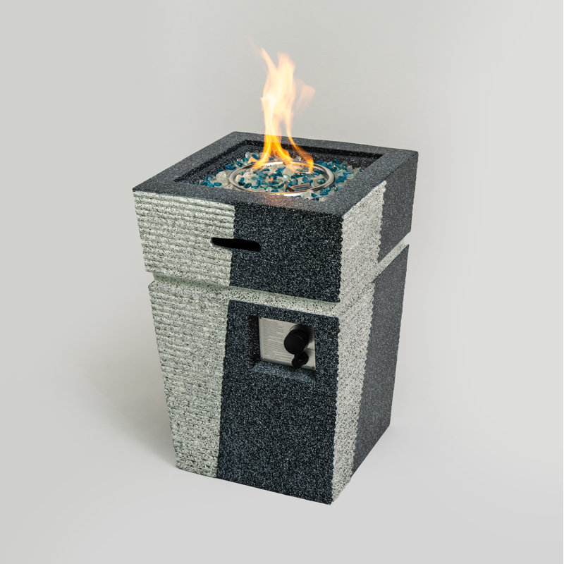 Modern Square Concrete Fire Pit Column (29'' H x 19.7'' W) – Complete with Glass Rocks