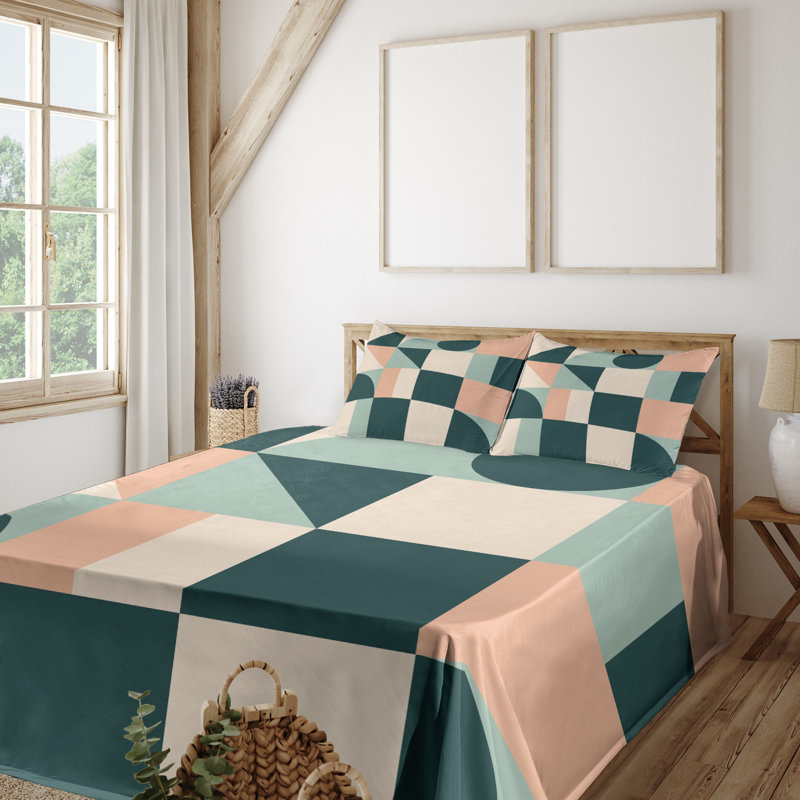 Ambesonne Geometric Sheet Set Abstract Boho Pattern Champagne Almond Green, Full / Double Sheet Set with 2 Pillowcases