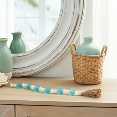 Decorative Beads Glass and Jute Coastal Style for Home Office Bedroom Living Room - 2" White, Blue, Tan