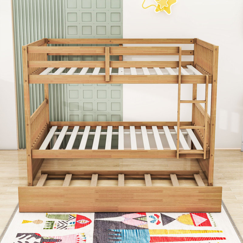 Full Over Full Wood Bunk Bed With Twin Trundle, Ladder And Guardrails, White Oak