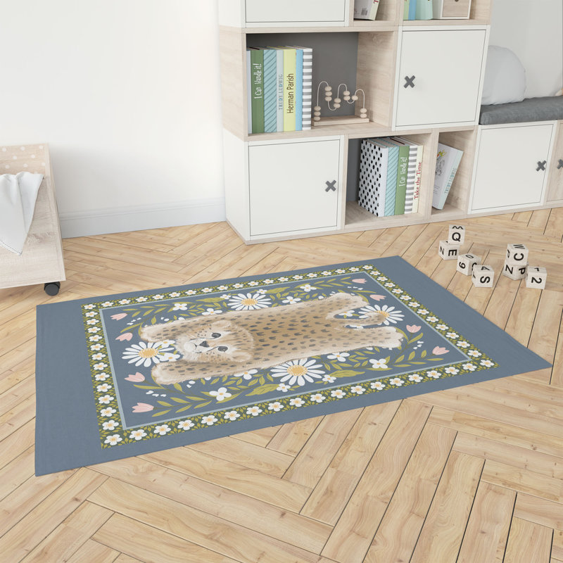 Lil Lying Leopard Flowers Kids Play Mat, Slate, Rectangle 2' x 3'