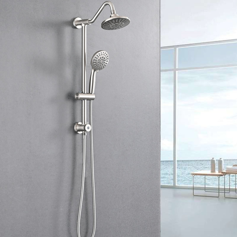 Douche en nickel brossé avec deux têtes, débit d'eau réglable et boyau de 59 pouces pour un système de douche mural pratique dans 6 têtes de douche à main confortables