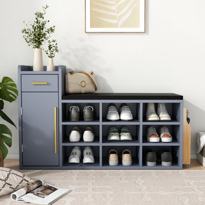 Banc de rangement pour 10 paires de chaussures, banc d'entrée avec coussin, tiroir, armoire et support latéral