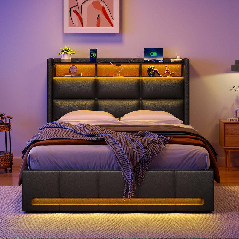 Lit tapissier avec rangement Jilissa, Noir, Simple / 1 place