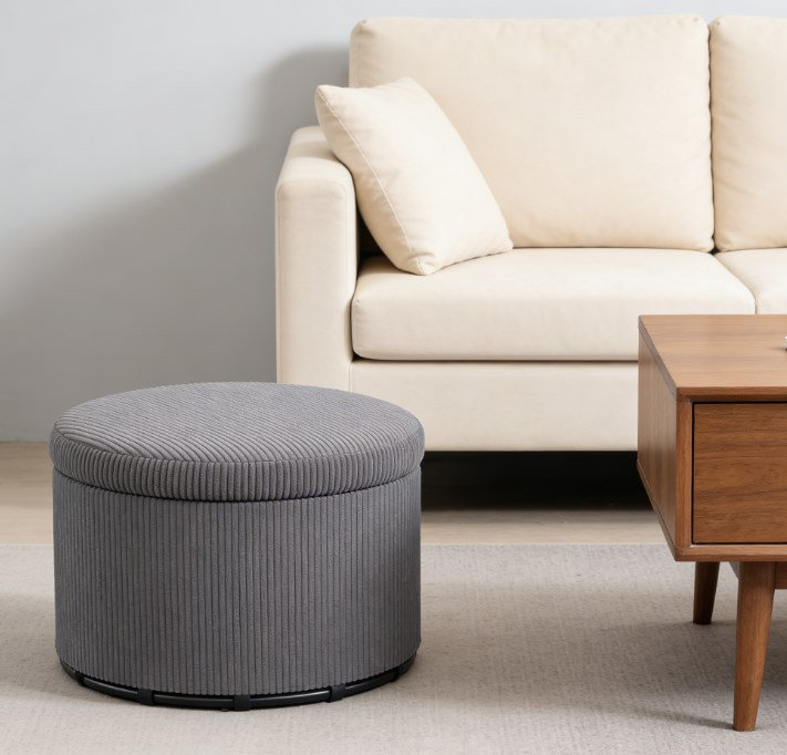 Repose-pieds rembourré, tabouret de rangement rond avec couvercle