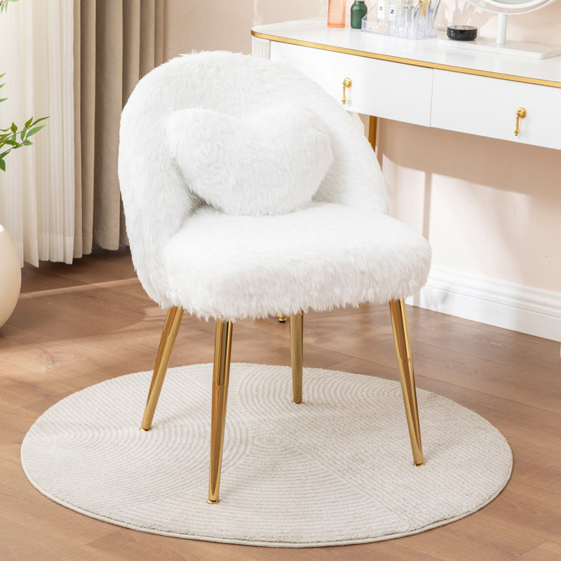 Fluffy Vanity Chair With Backrest And Pillow, Cute Small And Comfortable Office Chair Without Wheels, Comfortable Makeup Chair With Adjustable Gold Legs