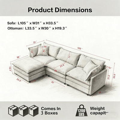 Canapé modulaire en tissu de chenille rembourré de 105 po, canapé modulaire de 105 po et 3 places avec repose-pieds noir