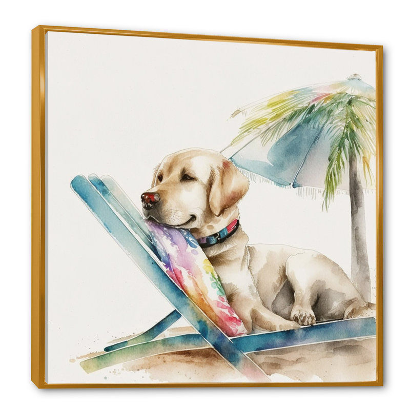 Chien sur une chaise à la plage I - impressions sur toile de chien, H 30 po x l 30 po, Cadre flottant doré