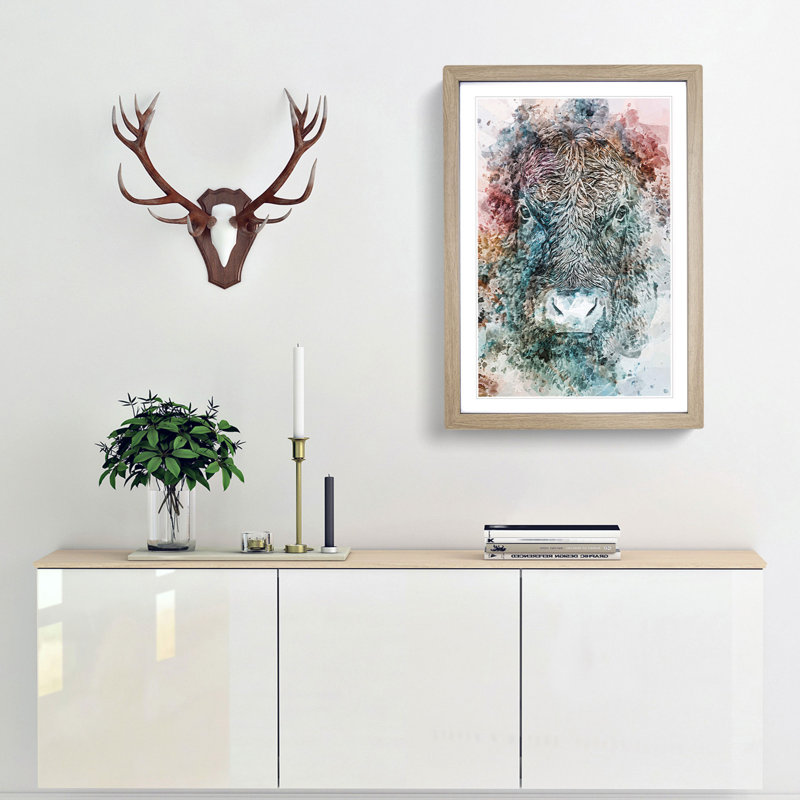 Colourful Bull Cow in Abstract - Picture Frame Graphic Art Print, 87cm H x 62cm W x 2cm D, Oak Framed