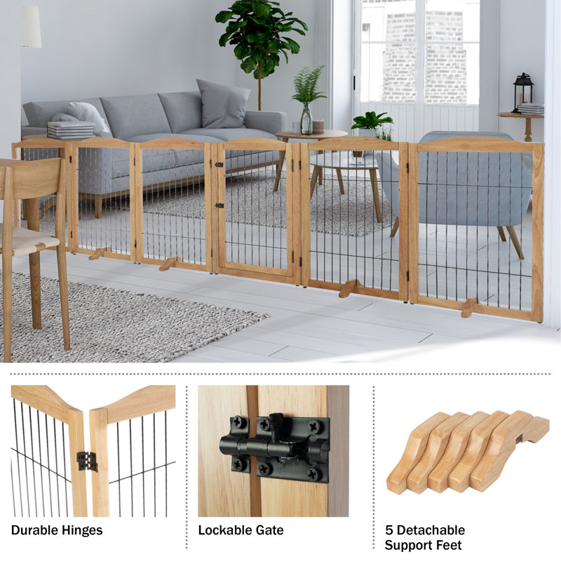 Natural Wood and Metal Freestanding Pet Gate, 132.5x31.5-Inch