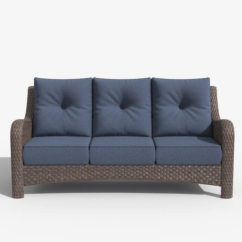 LayinSun Outdoor Wicker 3-seat Sofa, Patio Rattan Couch with 6-Inch Thick Cushions, Brown, Navy